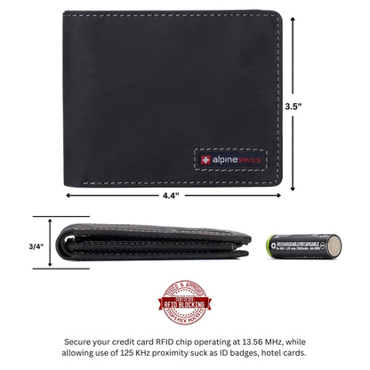 Alpine Swiss Mens Wallet for Men | RFID Protected Leather Mens Wallet | Spencer Bifold with Divided Bill Section | Gift Box | 2 ID Windows | 14 Card & Storage Pockets for Organization Nubuck Black