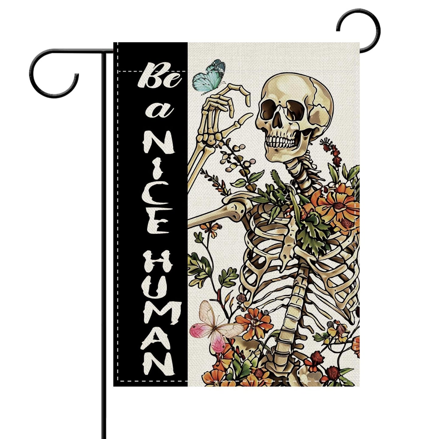 Dyrenson Funny Skeleton Decorative Garden Flag, Gothic Be a Nice Human Skull Flower Yard Outside Home Decoration, Spring Summer Floral Butterfly Burlap Outdoor Small Decor Double Sided 12 x 18