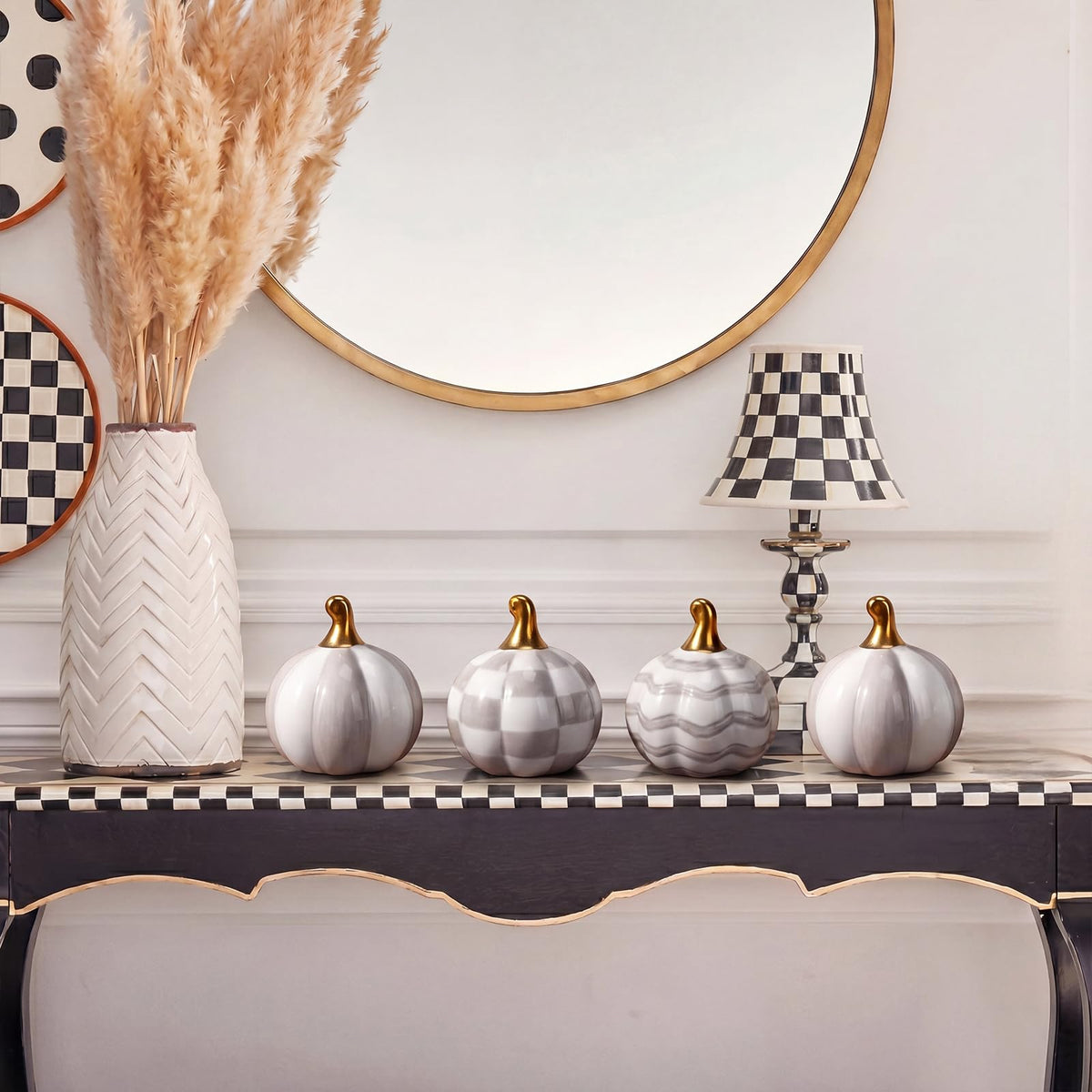 DoubleFill 6 Pcs Gray and White Check Ceramic Pumpkins Fall Farmhouse Table Centerpiece Porcelain Pumpkin Tiered Tray and Mantel Ornaments for Indoor Thanksgiving Autumn Decor