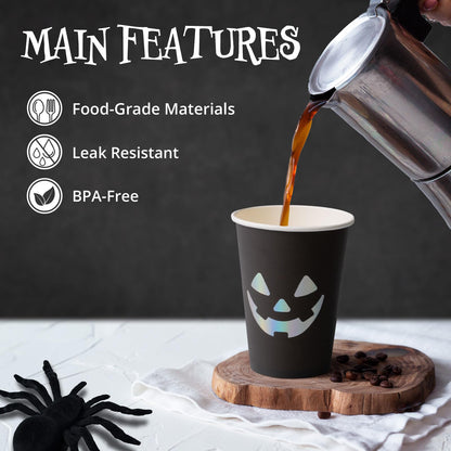 Confettiville Halloween Disposable Paper Party Cups, Bulk 50 Pack, Leak-Resistant, 12 oz Hot and Cold Cups for Restaurants and Parties, Jack-O-Lantern, Black & Silver