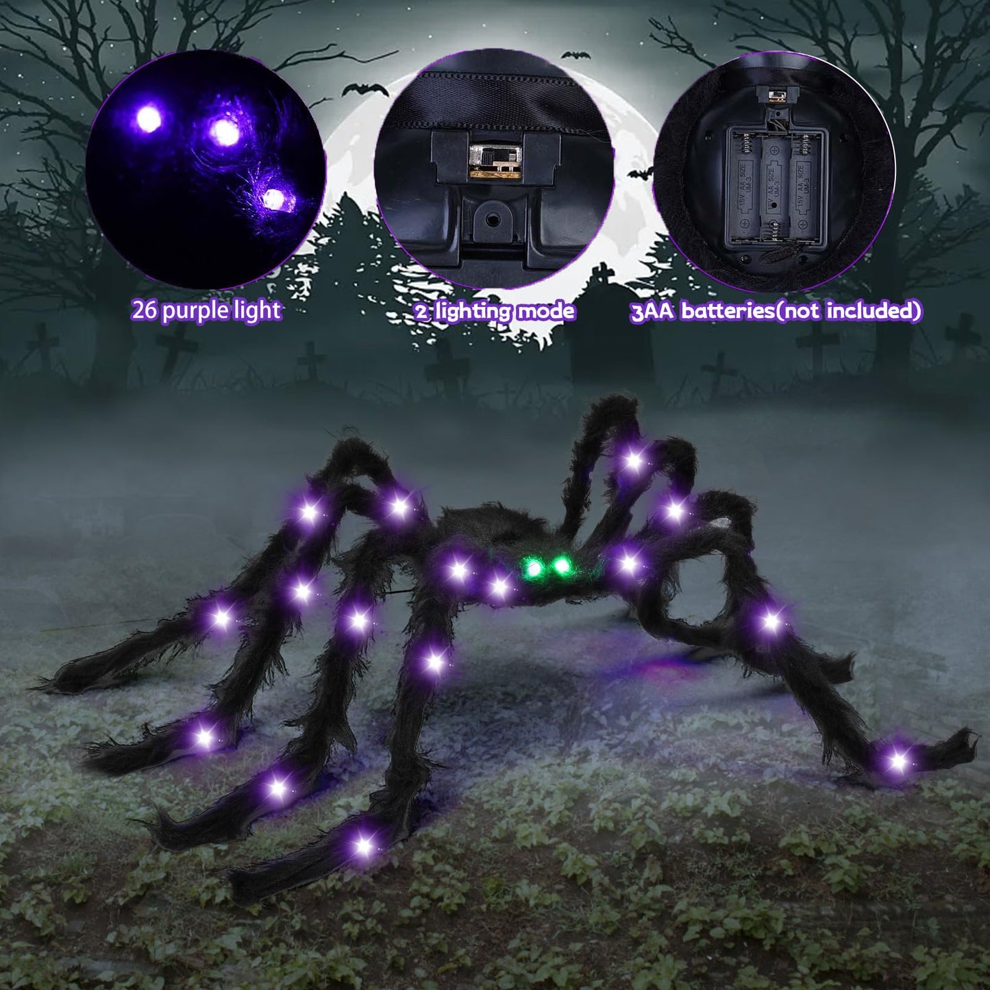 VOMAOK Halloween Spider Decorations 4ft Light Up Giant Spider(2 Pack) with Green Lighted Eyes for Indoor Outdoor Halloween Decorations Yard Party House Décor