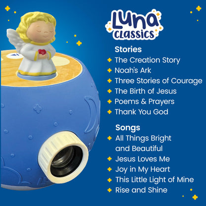 Luna StoryTime Kids Book Projector – 6 Bible & 5 Classic Read-Aloud Stories, 10 Songs & Night Light & Soothing Dream Music | Children Ages 3+ Storytime Projector for Kids & Toddler | Toys, Owl & Angel