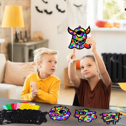 32 Sets Halloween Monster Suncatchers Craft Kit DIY Window Stained Glass Effect Halloween Monster Paper Crafts Home School Classroom Decoration Kid Birthday Gift Creative Art Project Activity Game