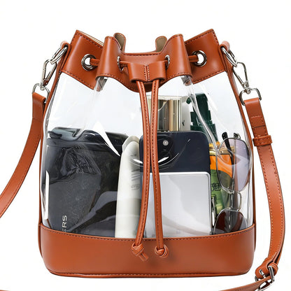 ArtiSoul Clear Bag for Stadium Approved, Clear Crossbody Bucket Bag Transparent PVC Purse for Women, Concert Stadium Events (Brown)