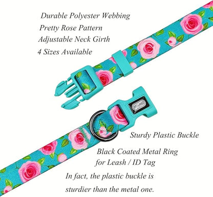 Dog Collar and Leash Set, Rose Pattern, Polyester Material, 5ft Matching Leash, for Small Dogs.(S, Green Rose Set)
