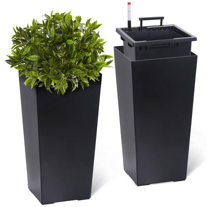 Black Planters Outdoor Set of 2, 22 Inch Tall Plastic Planter with Drainage Holes & Water Level Monitor & Inner Bucket, Indoor & Outdoor Large Planters for Front Porch, Patio, Balcony, Living Room