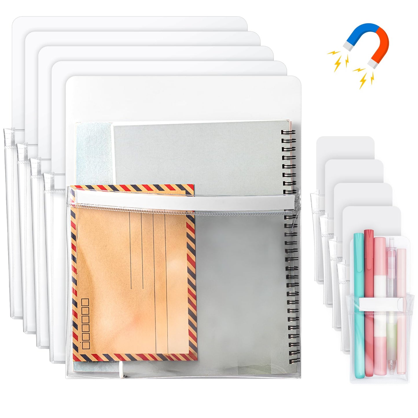 Henoyso 10 Packs Magnetic File Holder Set, Self-adhesive Magnetic File Holder for Recipe, Notes, Tools - Strong Magnet Backing for Fridge, Whiteboards, and Metal Surfaces ( 9.5 x 12 In, 2.4 x 6 In)