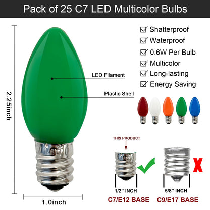 SUNSGNE 25 Pack C7 LED Multicolor Christmas Replacement Light Bulbs for Christmas Indoor Outdoor String Lights, E12/C7 Candelabra Base, 0.6 Watt