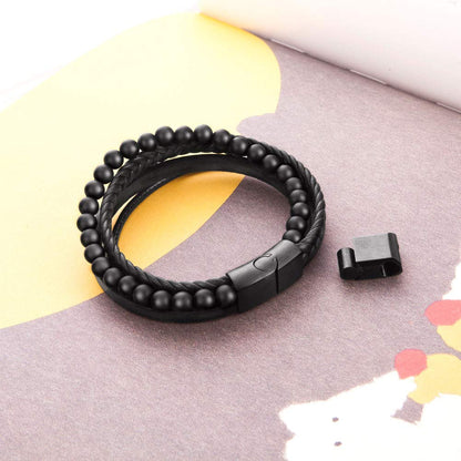 murtoo Mens Bead Leather Bracelet, Natural Bead, Steel and Leather Bracelet for Men Christmas Gift (black onyx bead)
