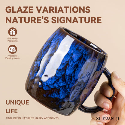 XIYUANJI Midnight Blue Ceramic Coffee Mug 14oz - Handcrafted Artisan Mug with Large Comfortable Handle, Unique Design for Coffee Lovers, Dishwasher Safe