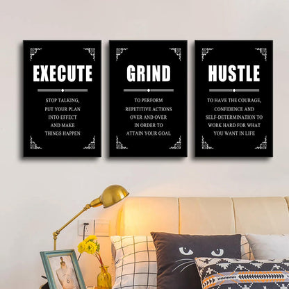 YSPCSUN 3 Panel Inspirational Wall Art for Office Walls Grind Hustle Execute Canvas Art Black and White Motivational Sign Framed Entrepreneur Life Success Quotes Room Decor Large, 48" x 24"