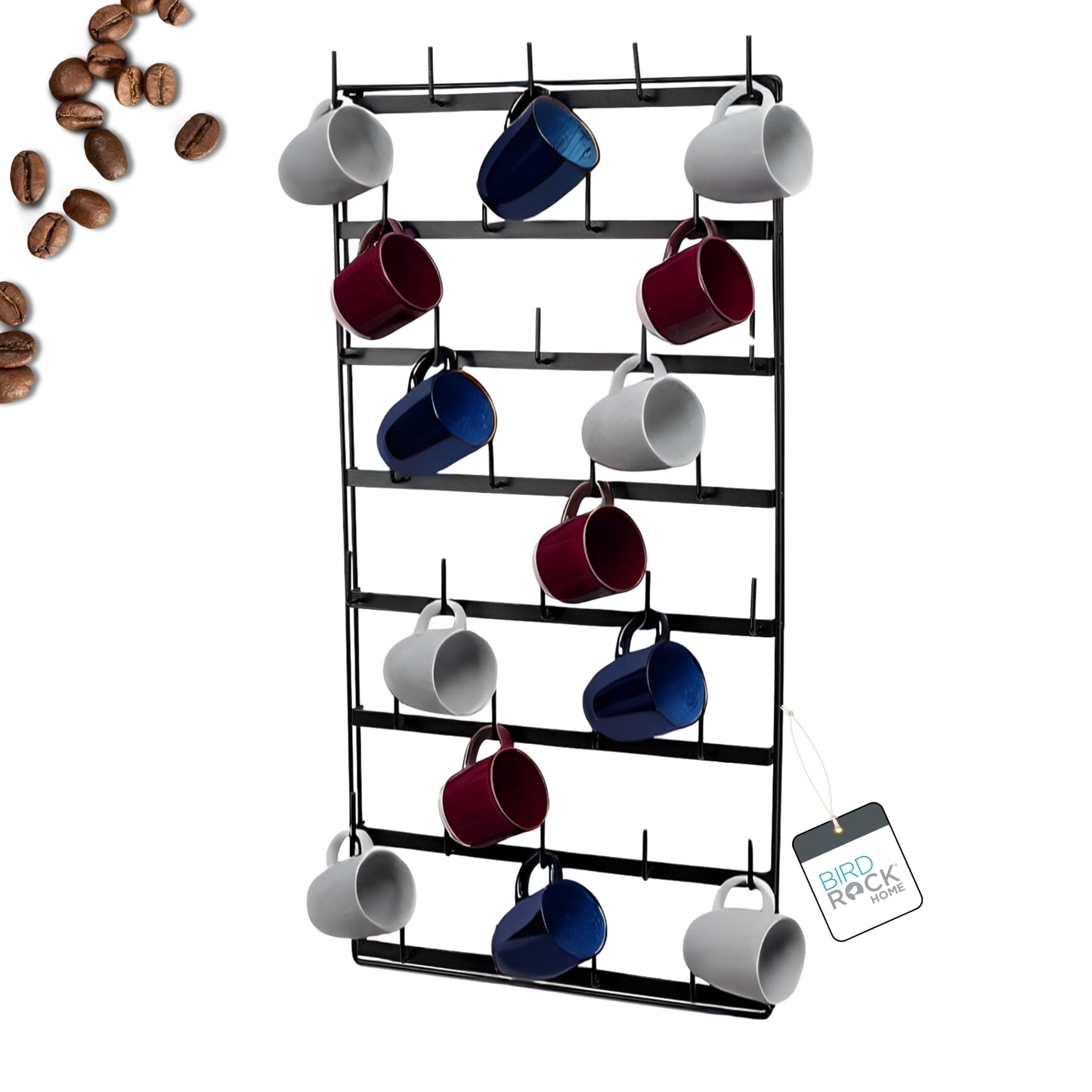BIRDROCK HOME 36 Peg Coffee Mug Organizer Wall - 8 Tier Wall Mounted Coffee Mug Holder - Tea Cup Display Shelf Wall Mounted - Heavy Duty Decorative Kitchen Bar Organizer Flat Metal Steel Rack - Black