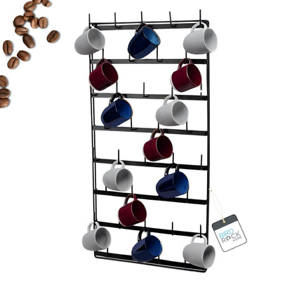 BIRDROCK HOME 36 Peg Coffee Mug Organizer Wall - 8 Tier Wall Mounted Coffee Mug Holder - Tea Cup Display Shelf Wall Mounted - Heavy Duty Decorative Kitchen Bar Organizer Flat Metal Steel Rack - Black