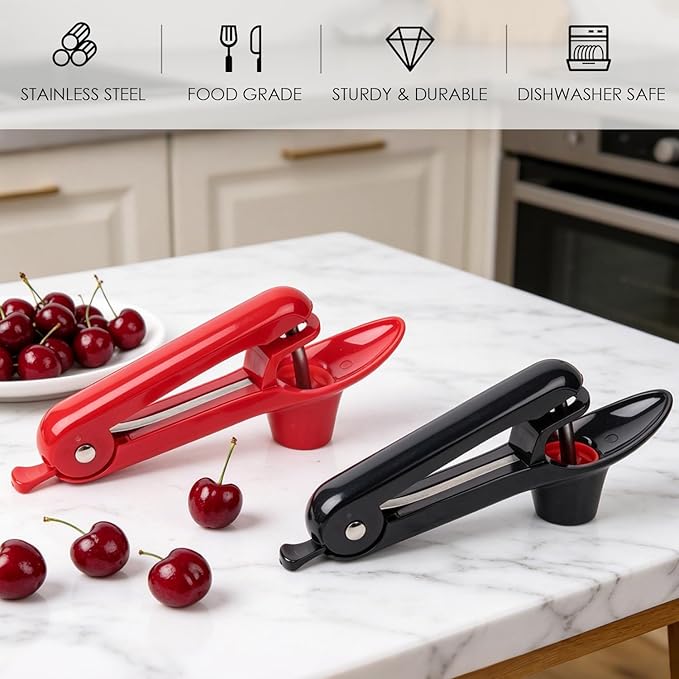 Cherry Pitter, 2 Pcs Cherry Pitter Tool, Stainless Steel Cherry Stoner, Cherry Core Remover with Hand-held Push Design, Multi-Use Household Kitchen Gadget for Cherry, Jujube, Olive,Black+Red