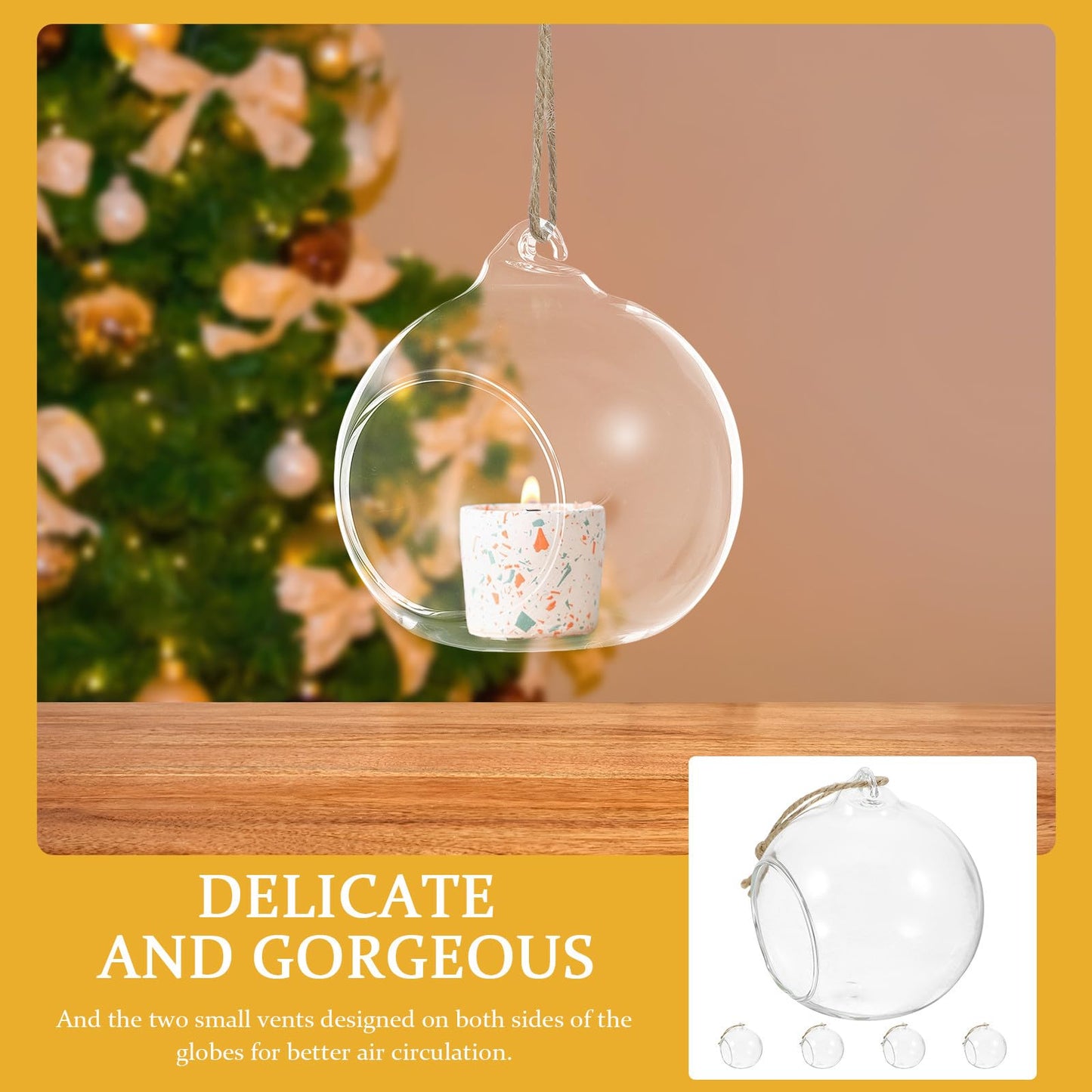 Zerodeko 5pcs Hanging Glass Bauble Candle Holders with 8cm Opening and 1.2m Jute Rope, Sphere Tea Light Holders for Indoor Plant Terrariums and Home Décor