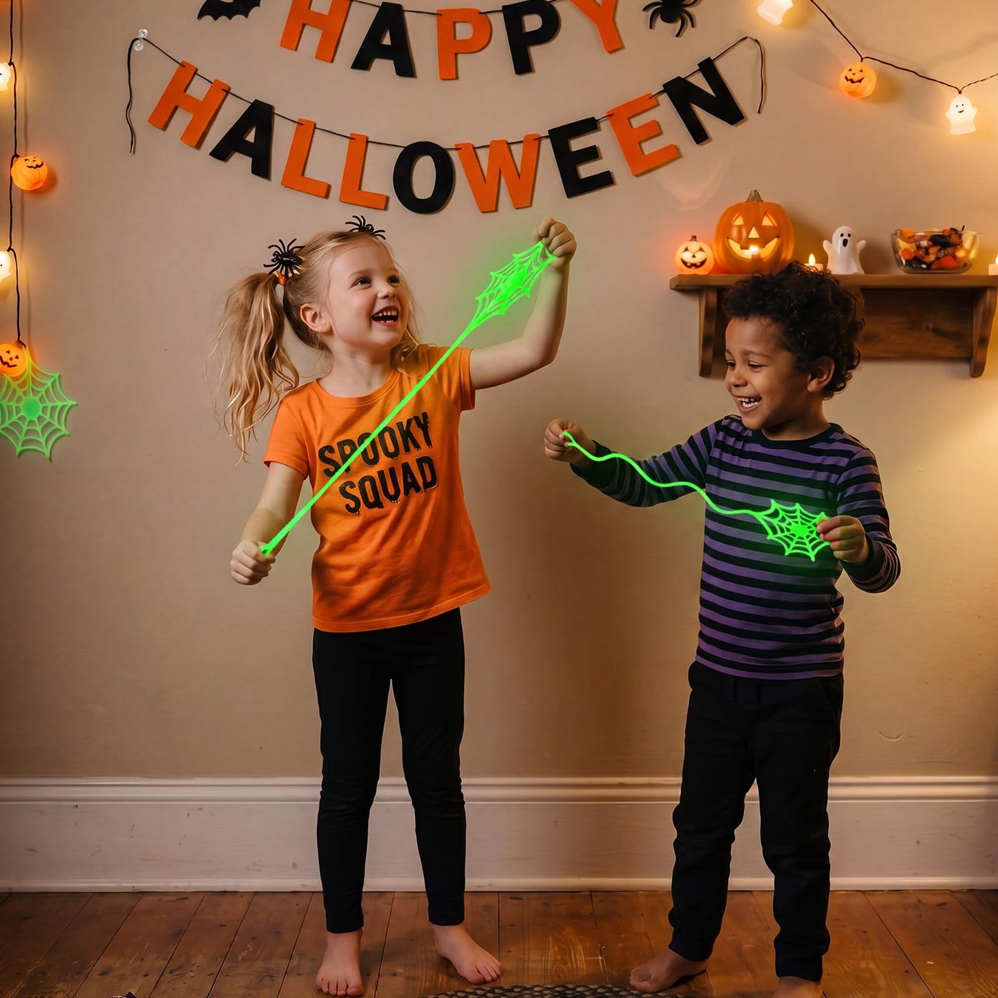 Thenshop 60 Pcs Halloween Sticky Spider Web Party Favors Glow in the Dark Sticky Web Hand Toys for Kids 6.3 Inch Goodie Bag Stuffers for Classroom Prizes Birthday Party Supplies
