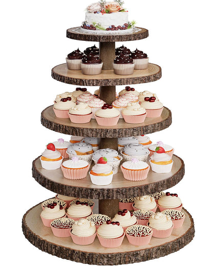 SANYOUNG Wood Cupcake Stand, 5 Tier Wooden Cupcake Tower, Large Rustic Cake Display Holder Stand for Woodland Baby Shower, Wedding, Birthday, Tea Party, Farmhouse Dessert Table Decorations