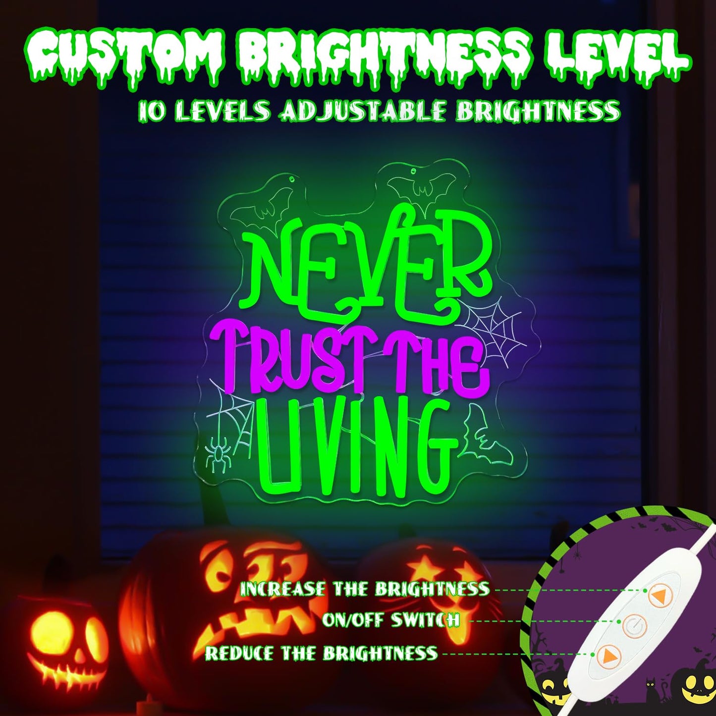Ajoyferris Never Trust The Living Neon Sign Halloween Neon Signs for Wall Decor Dimmable Tombstone Led Sign Gothic Haunted House Neon Lights for Windows Halloween Party Decor