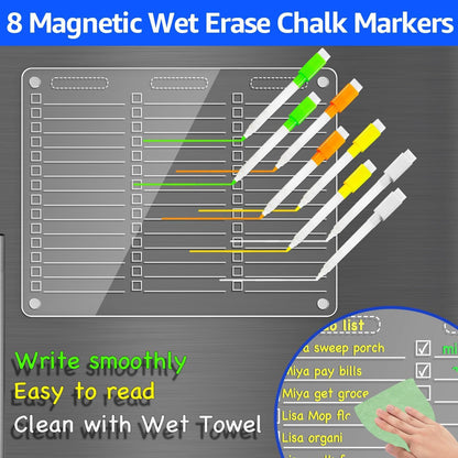 PigPotParty Acrylic Magnetic to Do List Whiteboard for Refrigerator, 12x9.5 Inch Clear Dry Erase Checklist Board, 3-Column Fridge List with Pre-Installed Embedded Magnet, 8 Markers and 1 Towel
