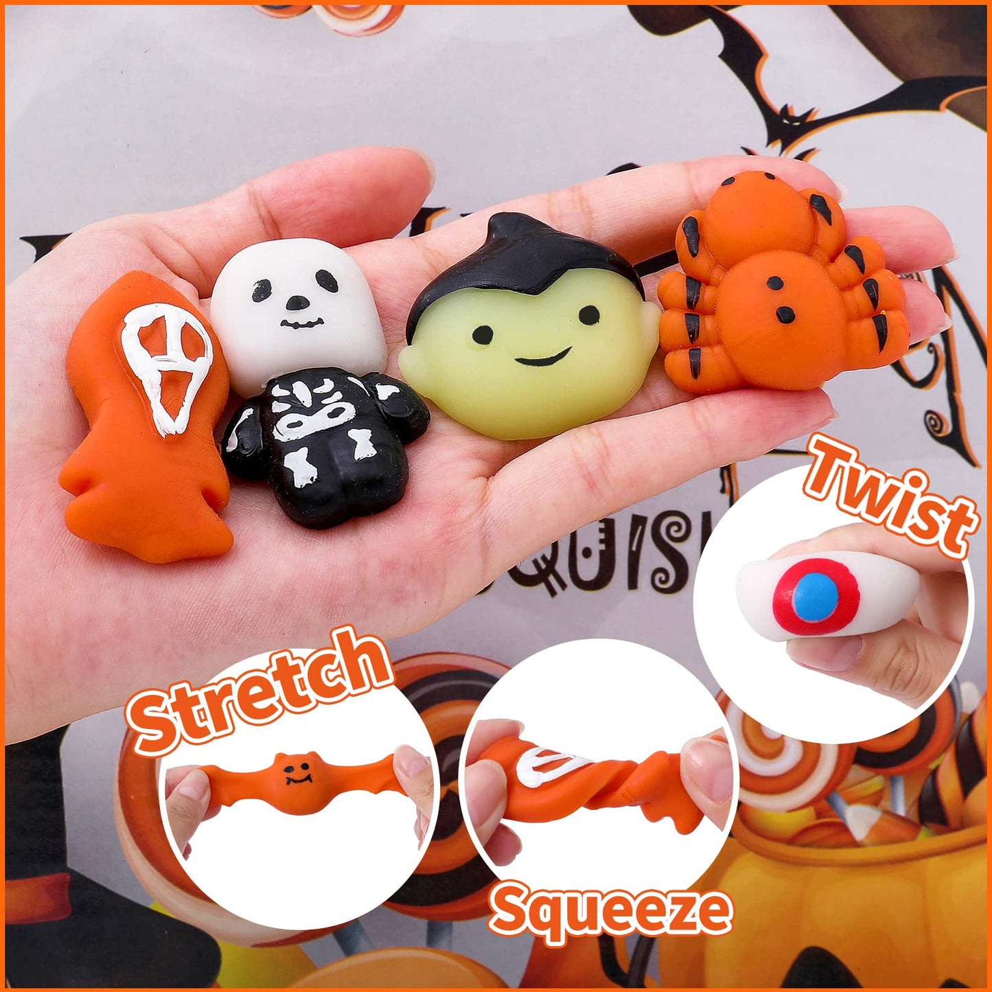 50Pack Halloween Goodie Bag Fillers Mochi Squishy Toys, Party Favors for Kids, Kawaii Squishies Fidget Toys, Stress Relief Toy Trick or Treat Stuffers Classroom Rewards Carnival Prize