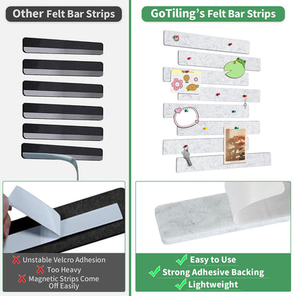 GoTiling Cork Board for Walls - 8 Pack Felt Pin Board Bar Strips - Self-Adhesive Lightweight Bulletin Board - Cork Board for Office with 40 Push Pins No Damage for Wall (Light Grey)