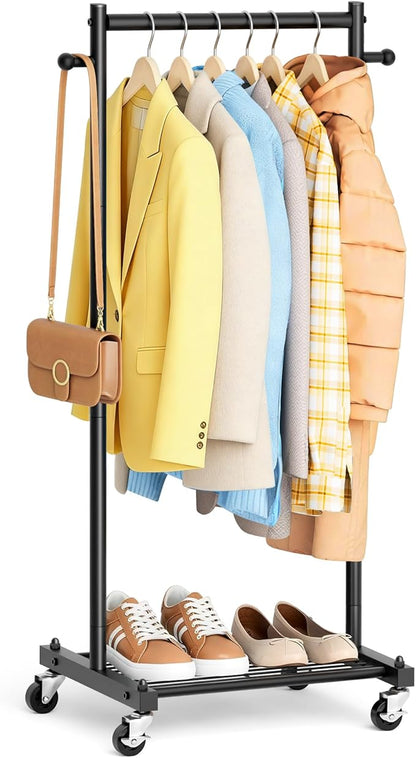 MISSLO Small Clothing Racks for Hanging Clothes 45" Short Clothes Rack with Shelves Metal Rolling Garment Rack with Wheels for Small Space, Closet, Wardrobe, Adults & Kids, Black