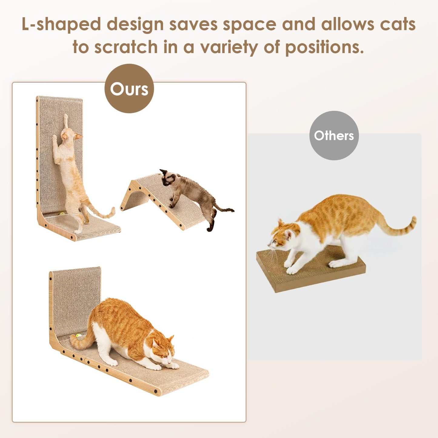 EHEYCIGA Cardboard Cat Scratcher for Indoor Cats, 26.8 Inch L Shaped Vertical Cat Scratching Board with Ball Cat Toy, Large Cat Scratcher Pad, Brown