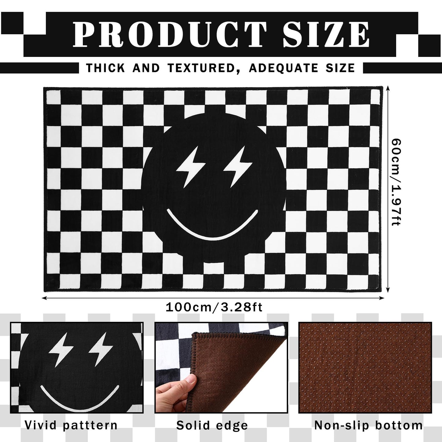 Demissle Black Smile Face Rug Preppy Check Buffalo Plaid Funny Rug for Bedroom Contemporary Checkered Carpet Preppy Room Decor Reversible Living Room Bedroom Dormitory Porch