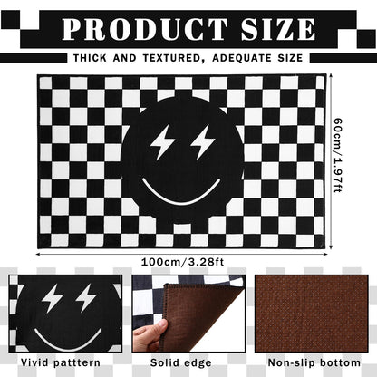 Demissle Black Smile Face Rug Preppy Check Buffalo Plaid Funny Rug for Bedroom Contemporary Checkered Carpet Preppy Room Decor Reversible Living Room Bedroom Dormitory Porch