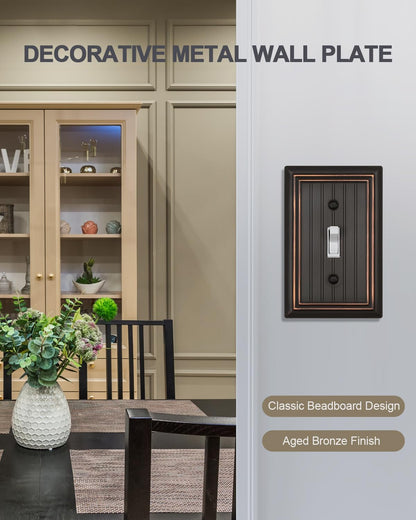 ZILLSEA 4-Pack Aged Bronze Light Switch Covers, Classic Beadboard Single Toggle Wall Plates, Metal Switch Plate Covers, 3.15''*4.88'', Midsize