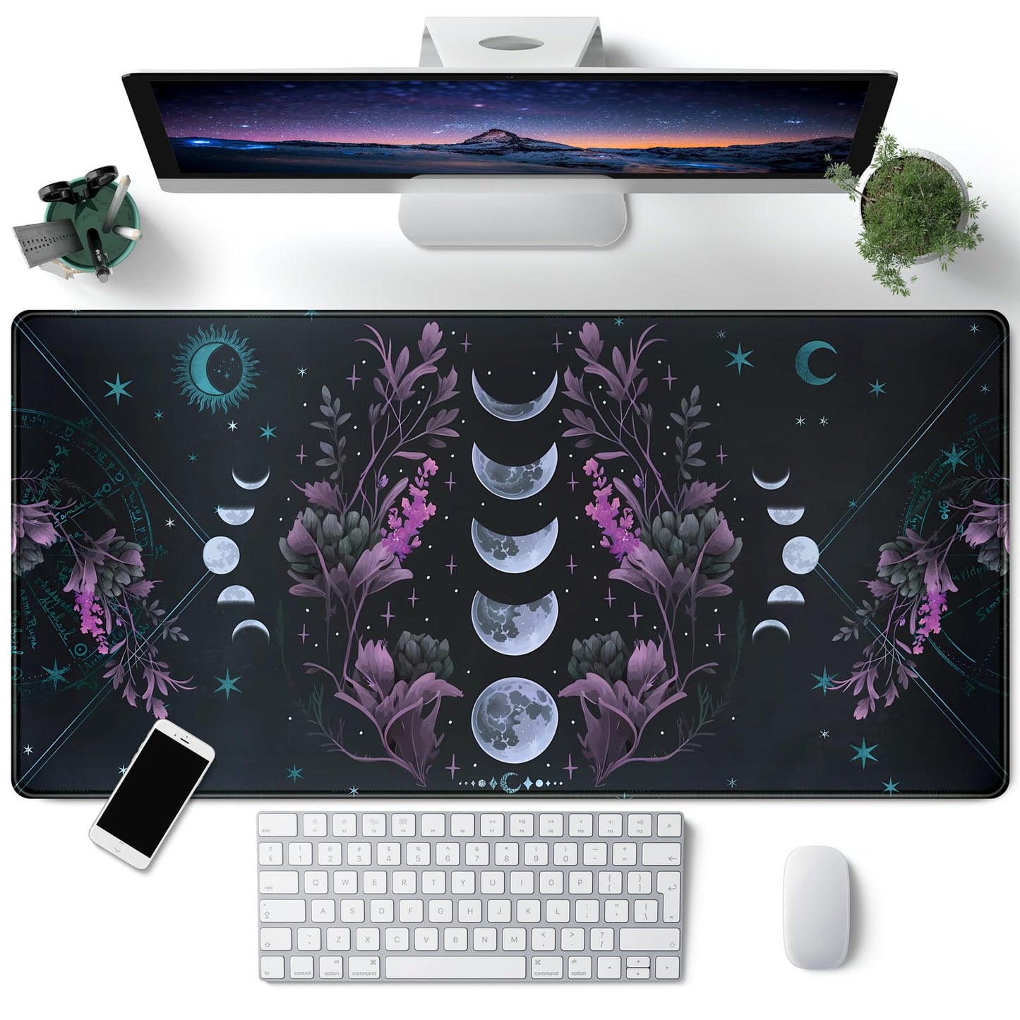 Celestial Moon Phases Mouse Pad Large Purple Desk Mat Forest Extended Gaming Mousepad Violet Teal Desk Pad XXL 31.5 x 15.7 in Laptop Computer Mouse Keyboard Mat for Office Desk Decor