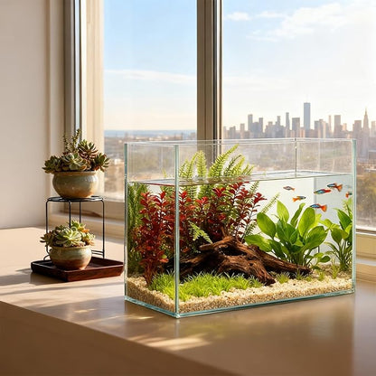 Tlence 2.7 Gallon Glass Fish Tank, Small Betta Fish Aquarium, Ultra Clear Rectangular Glass Bowl for Shrimp, Mini Desktop Aquatic Planting Cube for Goldfish Snails, Easy to Clean