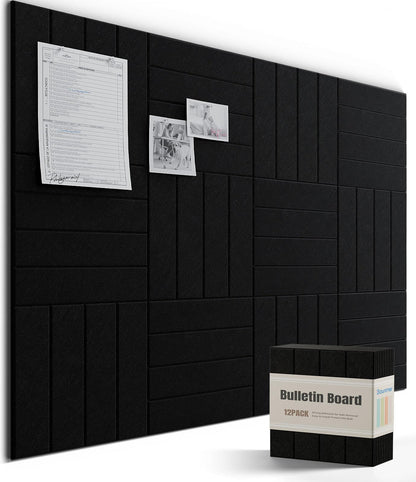 Bounmer Large Cork Board Alternative 48“ x 36”, 12-Pack Felt Bulletin Board Tiles with 60 Safe Removable Adhesive Tabs & 30 Pushpins, Cork Boards for Office Walls Decor (Black)