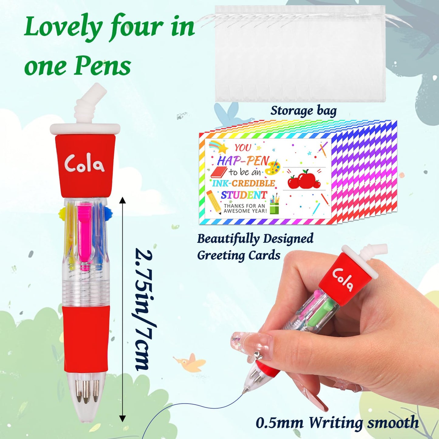CZWZ 30 Set Cute Multicolor Pens in One 4-in-1 Fun Pens Bulk with 30 Gift Cards for Kindergarten Party End of Year Student Gift Bulk Office School Exchange Gifts