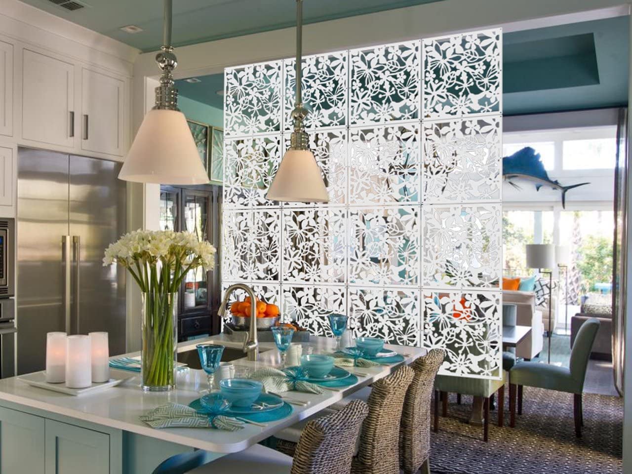 12+4PCS KEIBIKEIDI Hanging Room Divider Screens Made of Environmentally PVC, Simple and Modern White Hanging Panel Screen for Decoration Home, Livingroom,Bedroom, Kitchen, Dining Room,Hotel and Bar