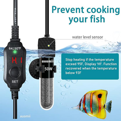 Mini Submersible Aquarium Heater,200 Watts Adjustable Fish Tank Heater, Built-in Thermometer, External Temperature Controller, Smart Memory, Used for 1-60 Gallons (200 Watts)