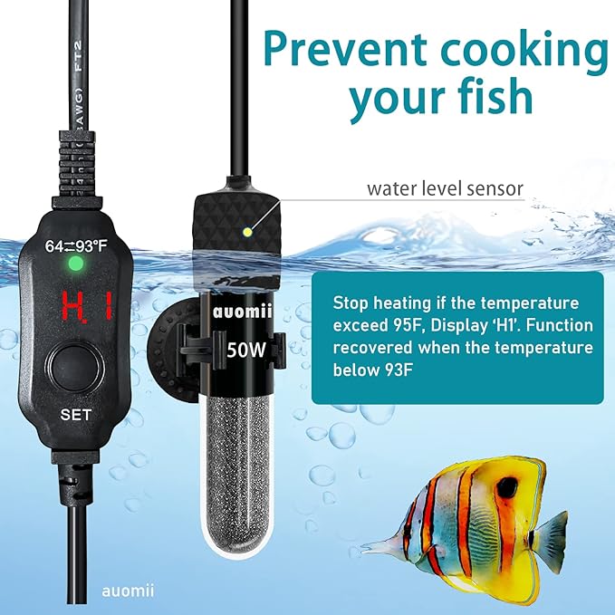 Small Submersible Aquarium Heater,Adjustable Mini Fish Tank Heater 25/50/100/150/200/300 Watts with External Temperature Controller, LED Display, Smart Memory, Used for 1-60 Gallons (25W)