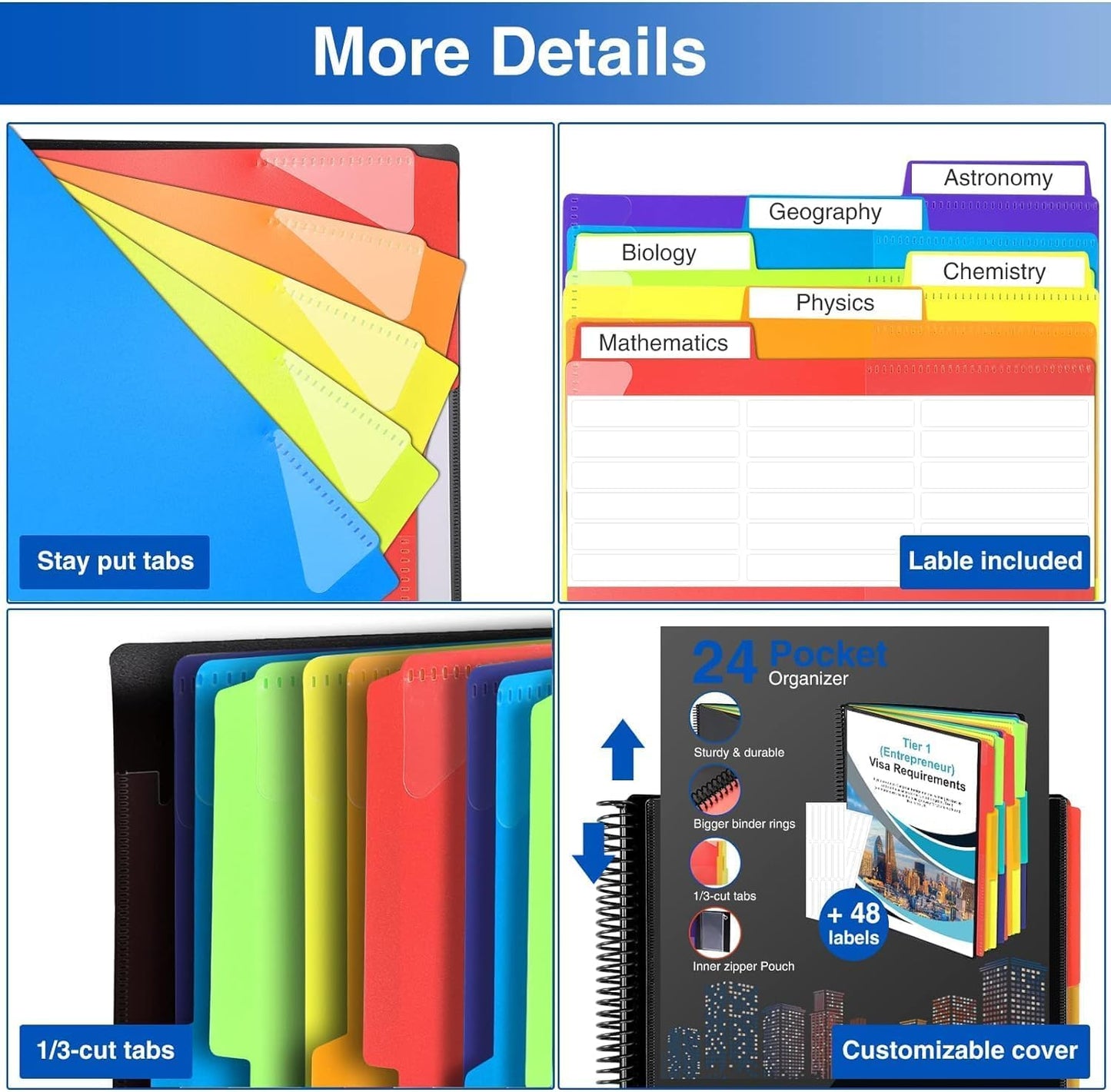 Forvencer 24 Pocket Project Organizer, 1/3-cut Tab Binder Organizer with Sticky Labels, Multi Pocket Folder with Zipper Pouch, Folder Binder Spiral Pocket Notebook, Office Supplies