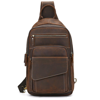 JulBean Leather Men Casual Travel Hiking Crossbody Chest Sling Bag Rig One Shoulder Strap Bag