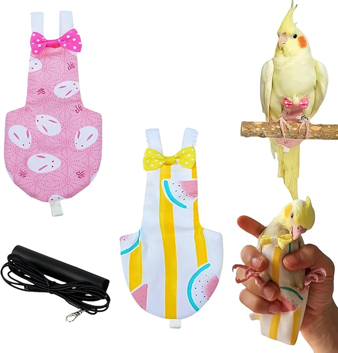 2Pcs Bird Diapers Bird Harness Flight Suits Diapers with 80 Inch Flying Leash Parrot Nappy Washable Cute Urine Wet Suit for Cockatiel Conure Macaw Budgies Parakeet-Rabbit&Watermelon,S