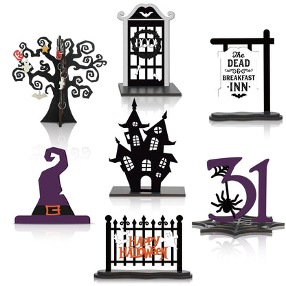 Soaoo 7 Pcs Halloween Wood Centerpieces Decorations 3D Halloween Tiered Tray Wood Decor Spooky Theme Decorations Ghost Party Table Topper for Home Table Shelf Party Display Centerpieces Photo Prop