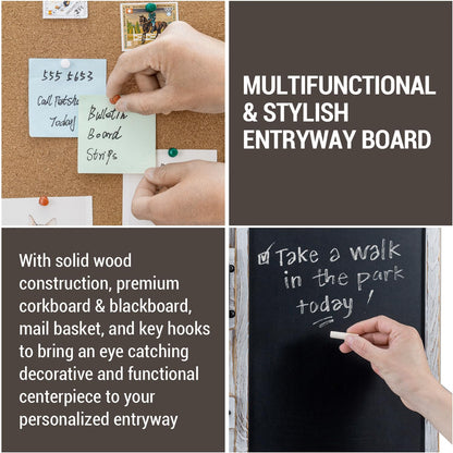 MyGift 3 Panel Wall Mounted Entryway Bulletin Board Combo Set with Shabby White Washed Solid Wood Frame, Chalkboard, Cork Board, Black Metal Mail Basket, and Hanging Rail