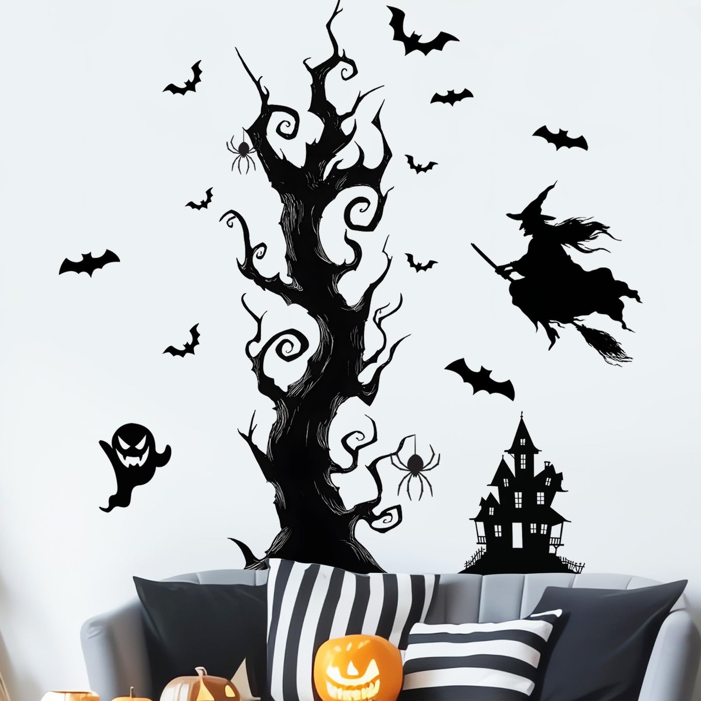 Halloween Wall Decals,Peel and Stick Halloween Theme Decor Stickers,Removable Vinyl Spooky Scary Face Wall Sticker for Holiday Party Decor. (Haunted House Creepy Tree Bats Wall Decals)