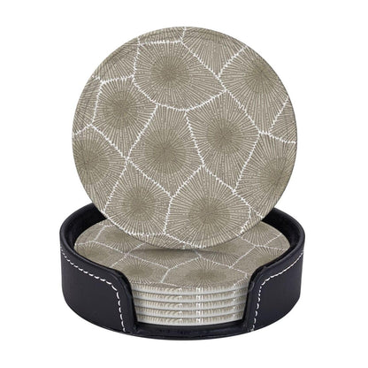 Keeawou Petoskey Stone Leather Drinks Coasters with Holder, Set of 6, Suitable for Various Cups