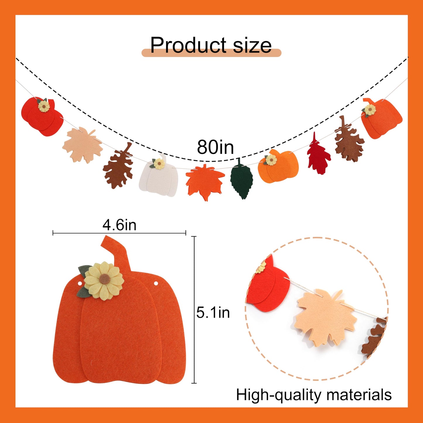 Felt Pumpkin and Leaves Garland – Fall Harvest Banner for Fireplace Mantel, Thanksgiving Party Decorations, Halloween and Autumn Home Decor