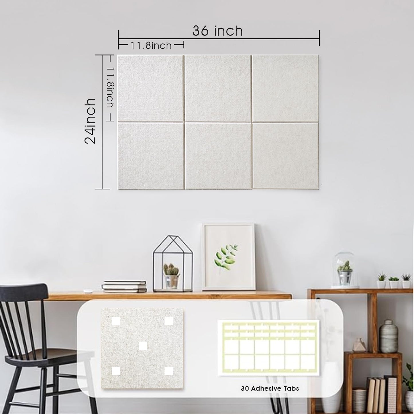 Large Cork Board for Office Wall Decor, 36"x24"- 6 Pack Felt Wall Tiles with Safe Removable Adhesive Tabs, 1/2" Thick, Felt Bulletin Board Pin Board Cork Boards for Walls - Oatmeal