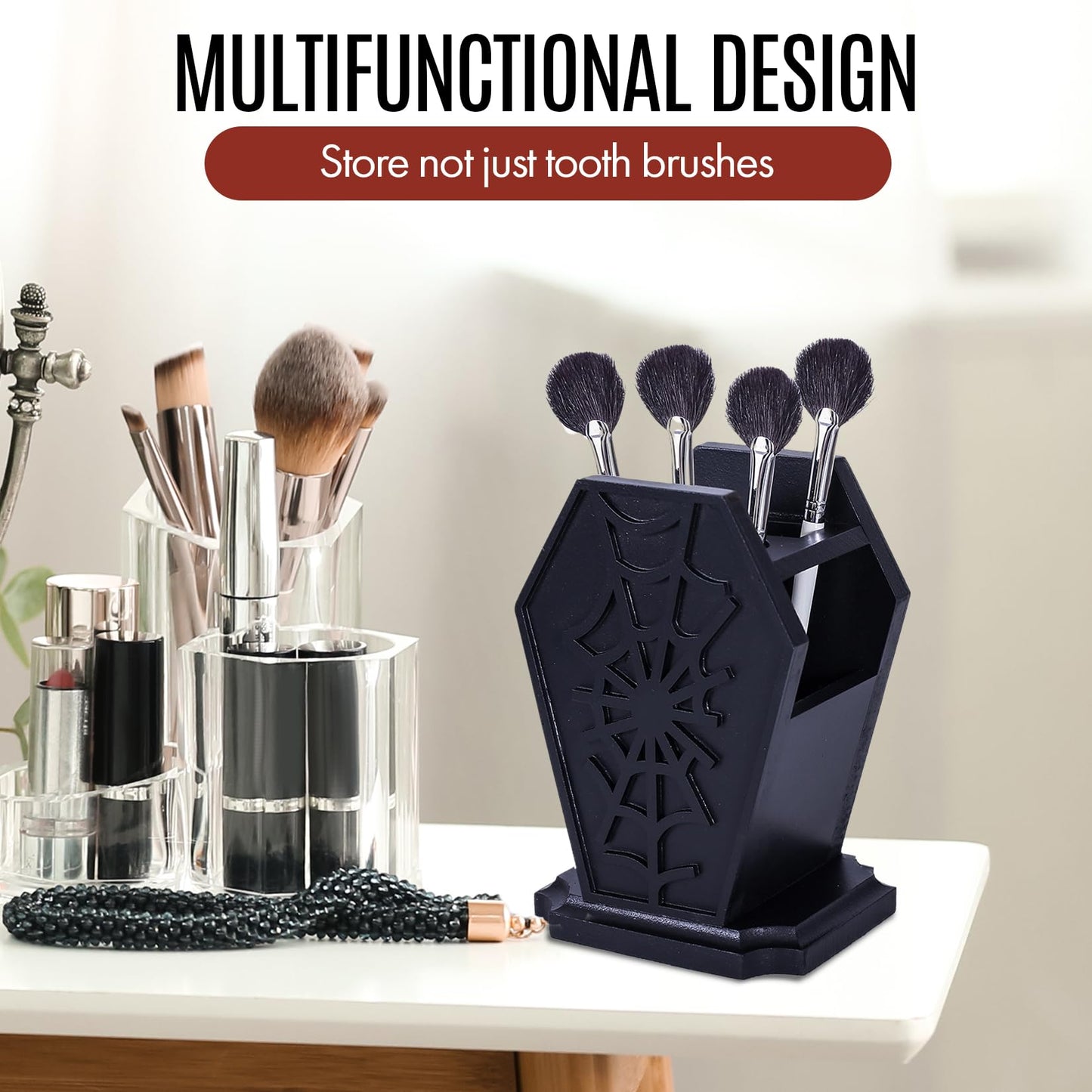 Gothic Decor Coffin Toothbrush Holder - Halloween Goth Bathroom Decor Brush Holder for Oddities and Curiosities - Spooky Pen Organizer for Kids and Adults - Witchy Gifts for Women
