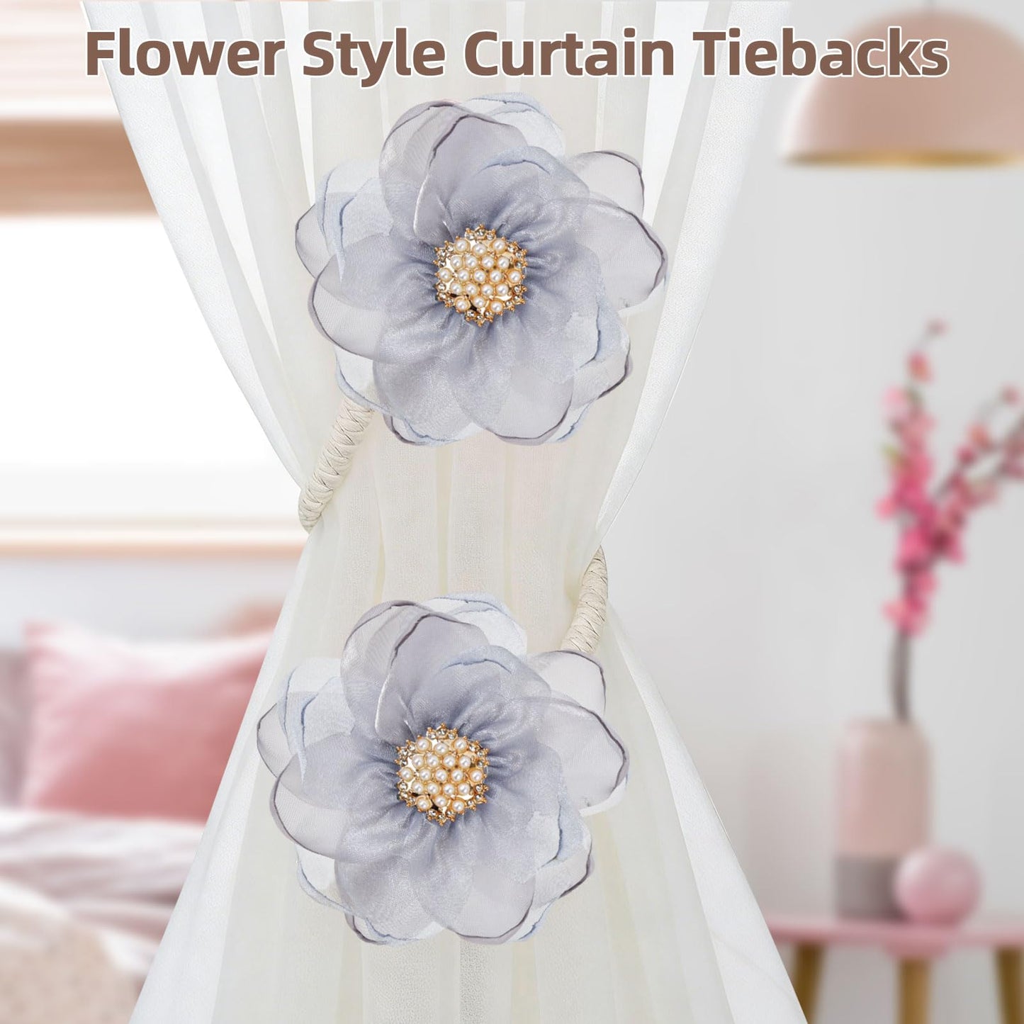 AULEEP 2 Pack Flower Curtain Tiebacks, No Drill Curtain Tie Backs for Drapes, Premium Fabric Curtain Ties, Decorative Curtain Hoodbacks for Home Living Room Bedroom Office, Light Gray