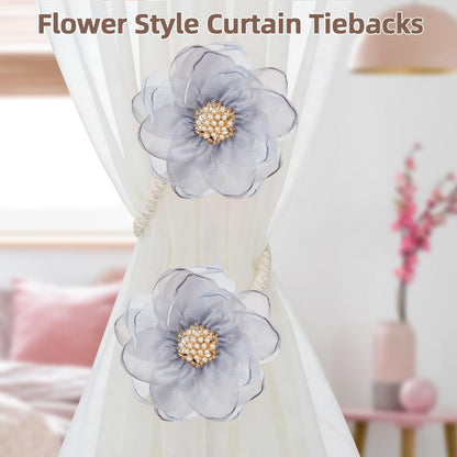 AULEEP 2 Pack Flower Curtain Tiebacks, No Drill Curtain Tie Backs for Drapes, Premium Fabric Curtain Ties, Decorative Curtain Hoodbacks for Home Living Room Bedroom Office, Light Gray