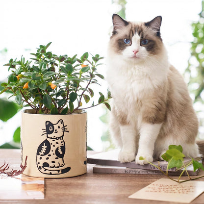 STHIE 5 Inch Ceramic Plant Pots with Drainage Holes, Small Round Flower Pots for Indoor Plant, Unique Animal Flower Planters (Cat)